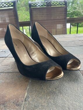 Bandolino Black Suede Peep-Toe Wedges with Gold Heels